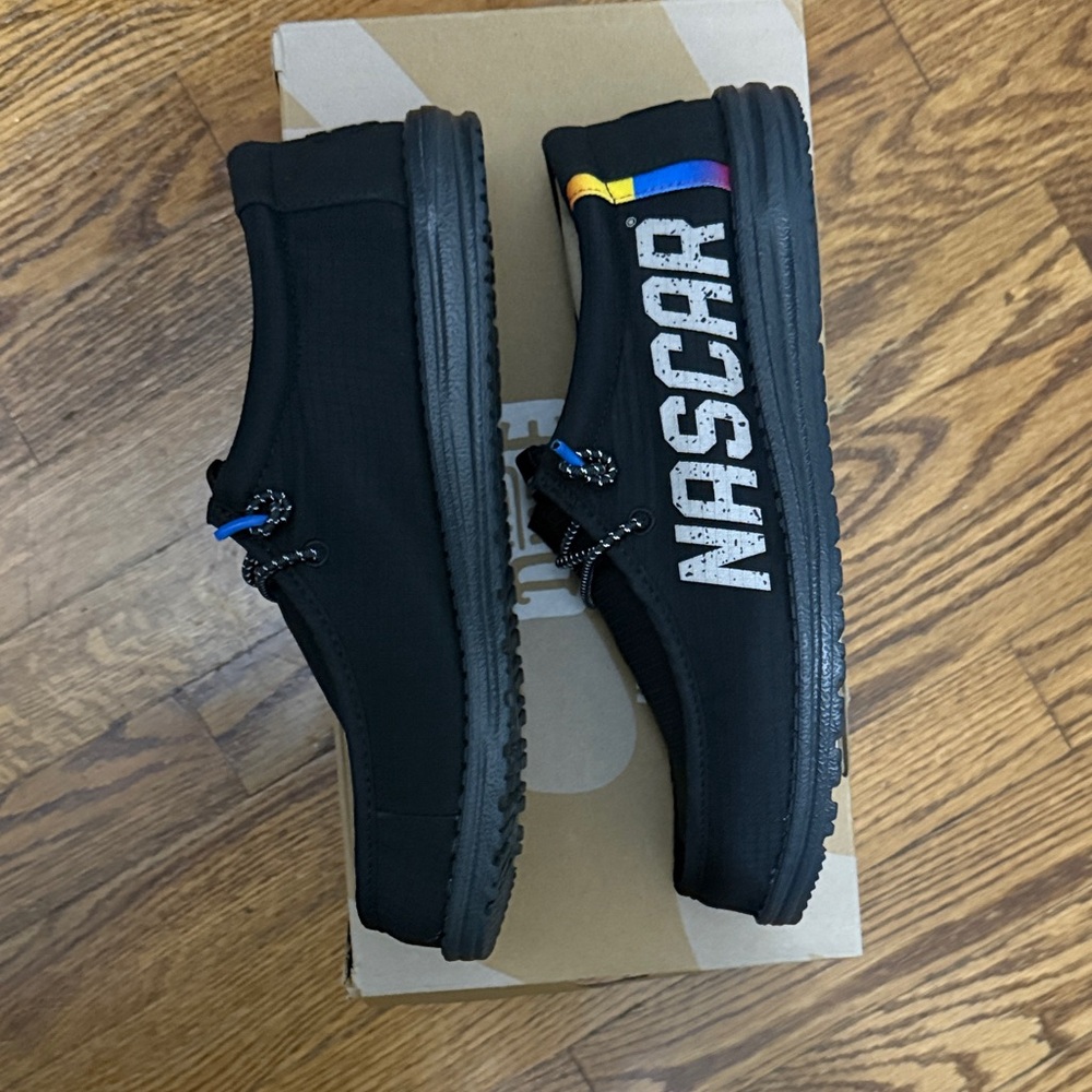 NASCAR Hey Dude Black Loafers with Blue and Yellow Accents - Picture 3 of 7